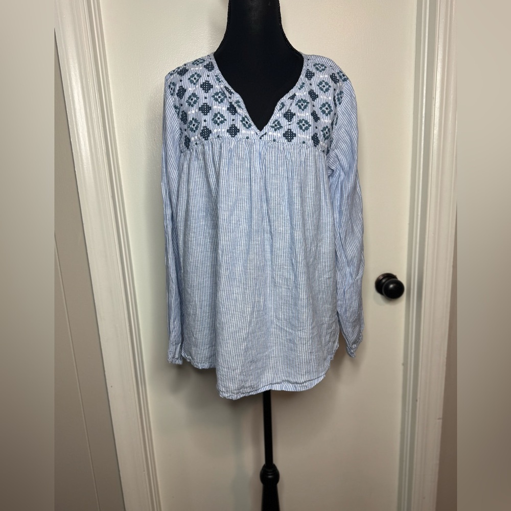 Pomegranate Women Blue And White Striped Embroidered Linen Long Sleeve Shirt